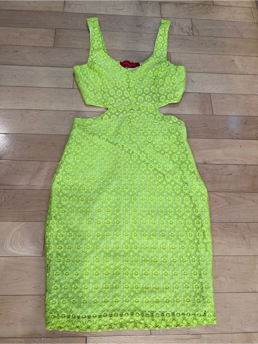 Akira Chicago Red Label Women's Medium Neon Lime Green Floral Lace Cutout Sheath - Picture 5 of 13